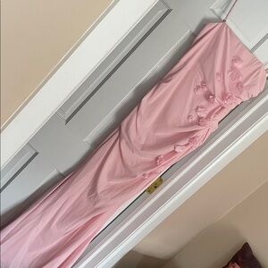 Strapless Pink Formal Gown with Floral Appliqué